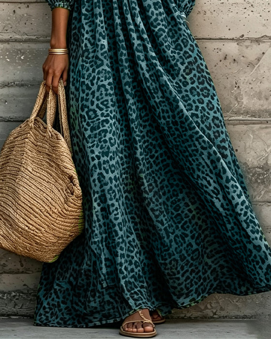 Jurk Luipaard Print V-Hals Poef Mouw