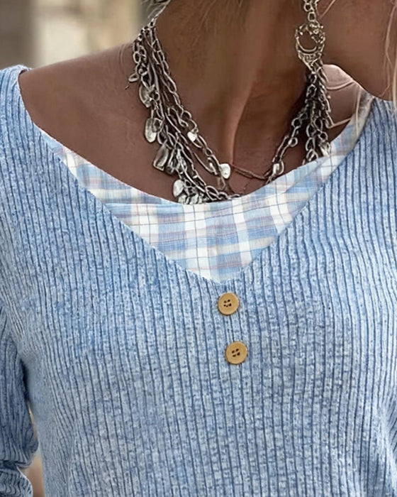 Top Geribbeld Ruit Patchwork Lange Mouw