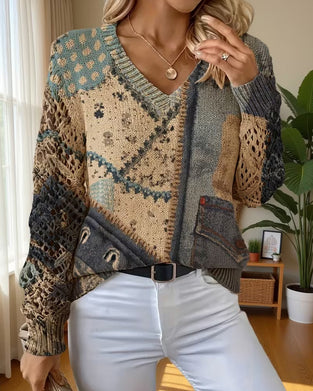 Pullover V-Hals Kleurblok Uitgesneden Los