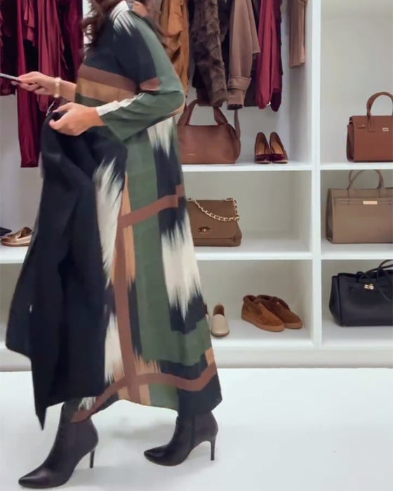 Modieuze Gedrukte Jurk Met Ronde Hals En Lange Mouwen