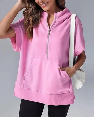 Sweatshirt Korte Mouw Gedeeltelijke Rits Capuchon