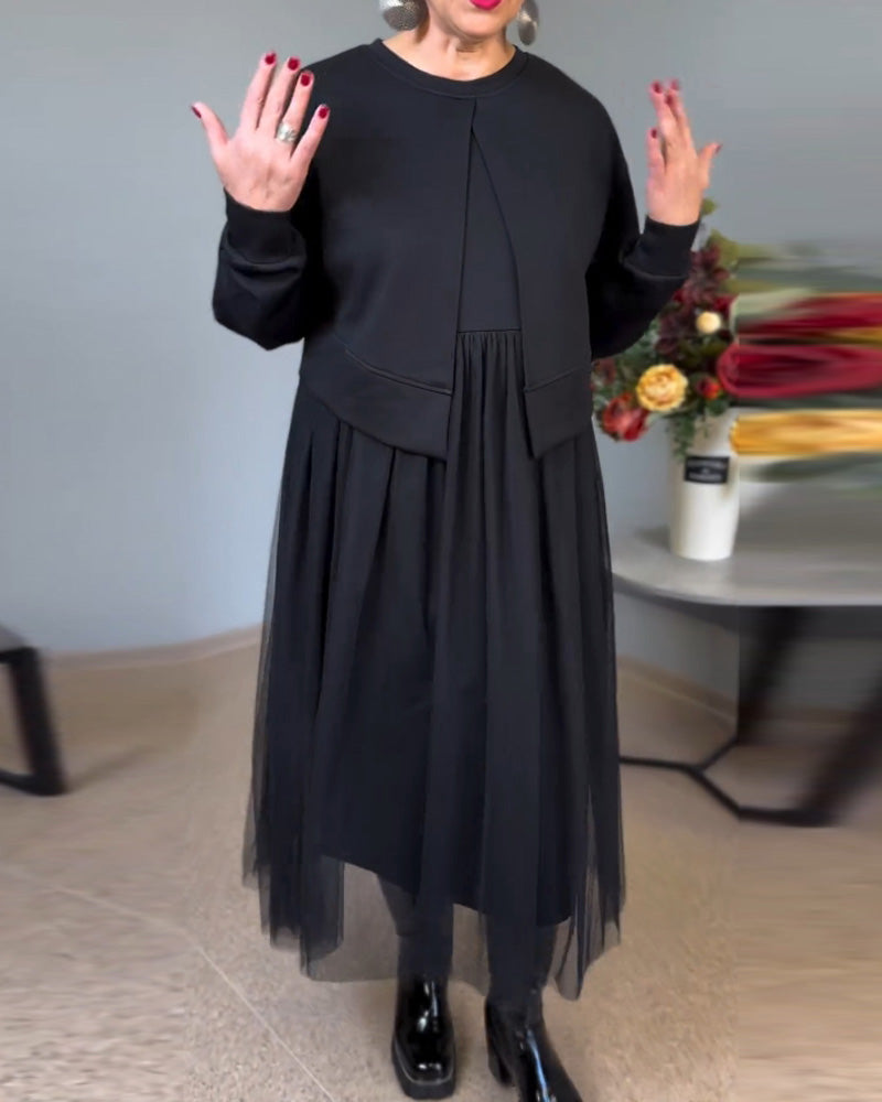 Effen kleur elegante jurk met onregelmatige mesh-stiksels