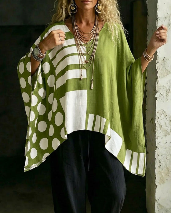 Blouse Polka Dot Streep Patchwork V Hals