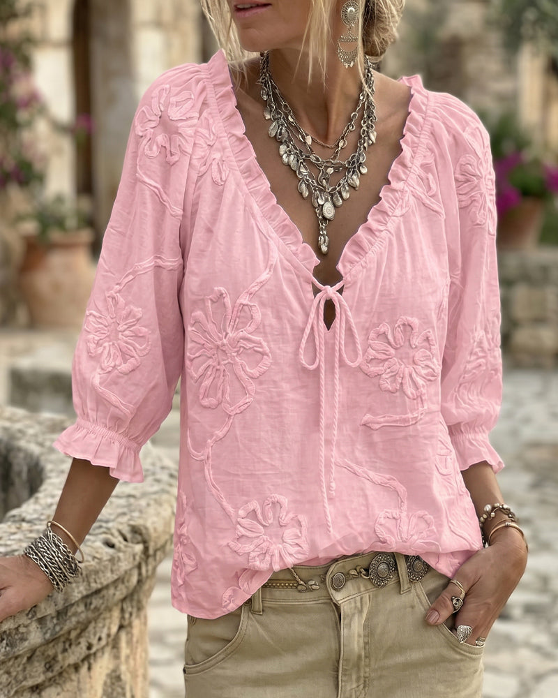 Blouse 100% Katoen V-Hals Wikkel Strik Gerafeld