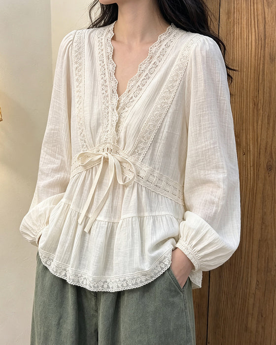 Blouse V-Hals Ballon Mouw Kant Patchwork Uitlopend