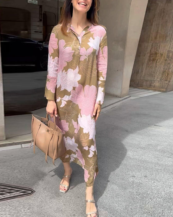 Casual maxi-jurk met lange mouwen en split met bloemenprint