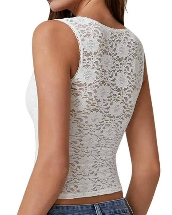 Tank Top Kant Rand Vierkante Hals Mouwloos