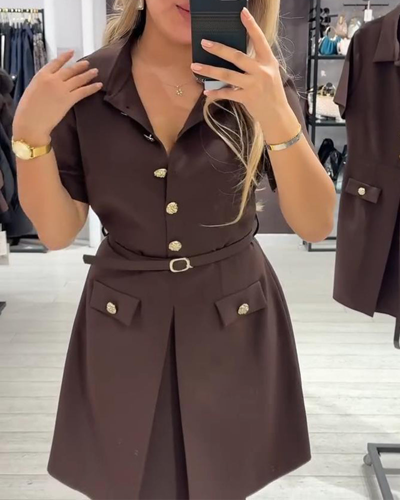 Jurk Geknoopt Kraag Korte Mouw