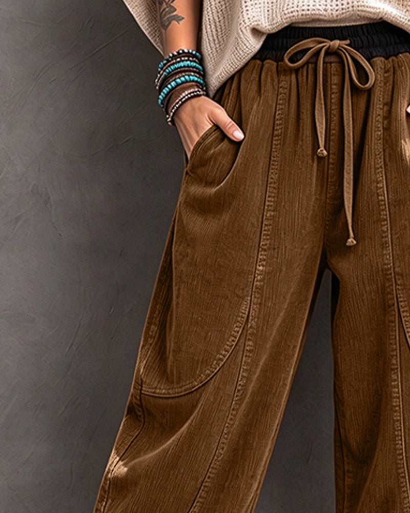 Broek Elastische Taille Kleurblok Cropped Wijd Been