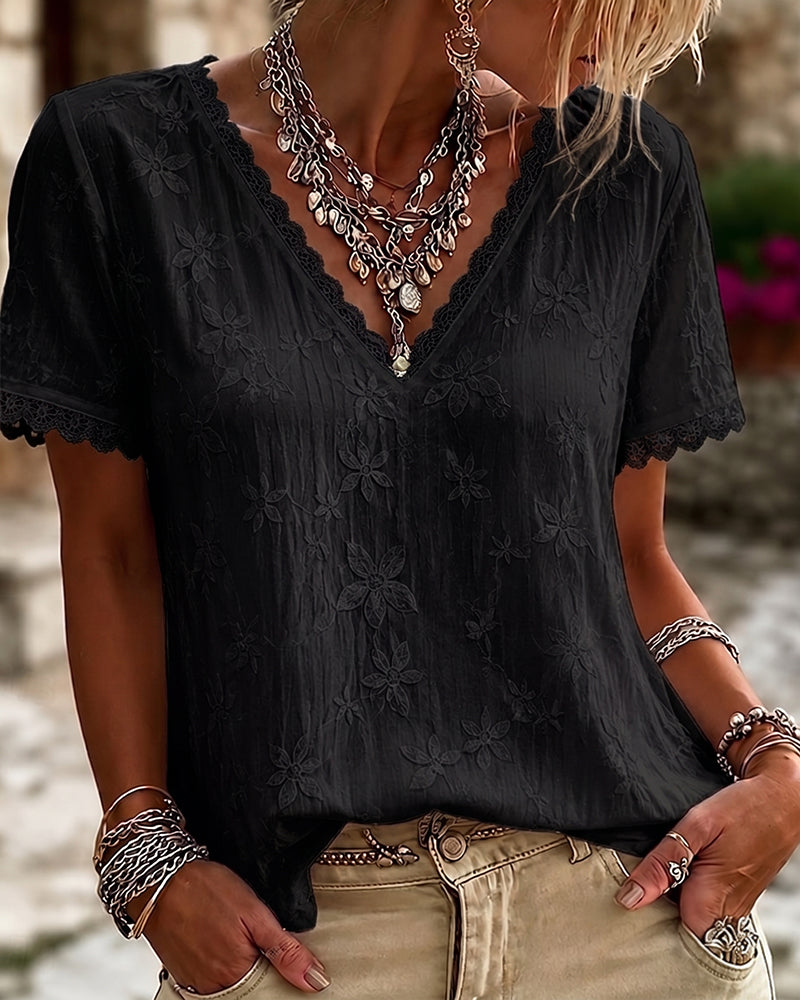 Blouse V-Hals Kant Korte Mouw