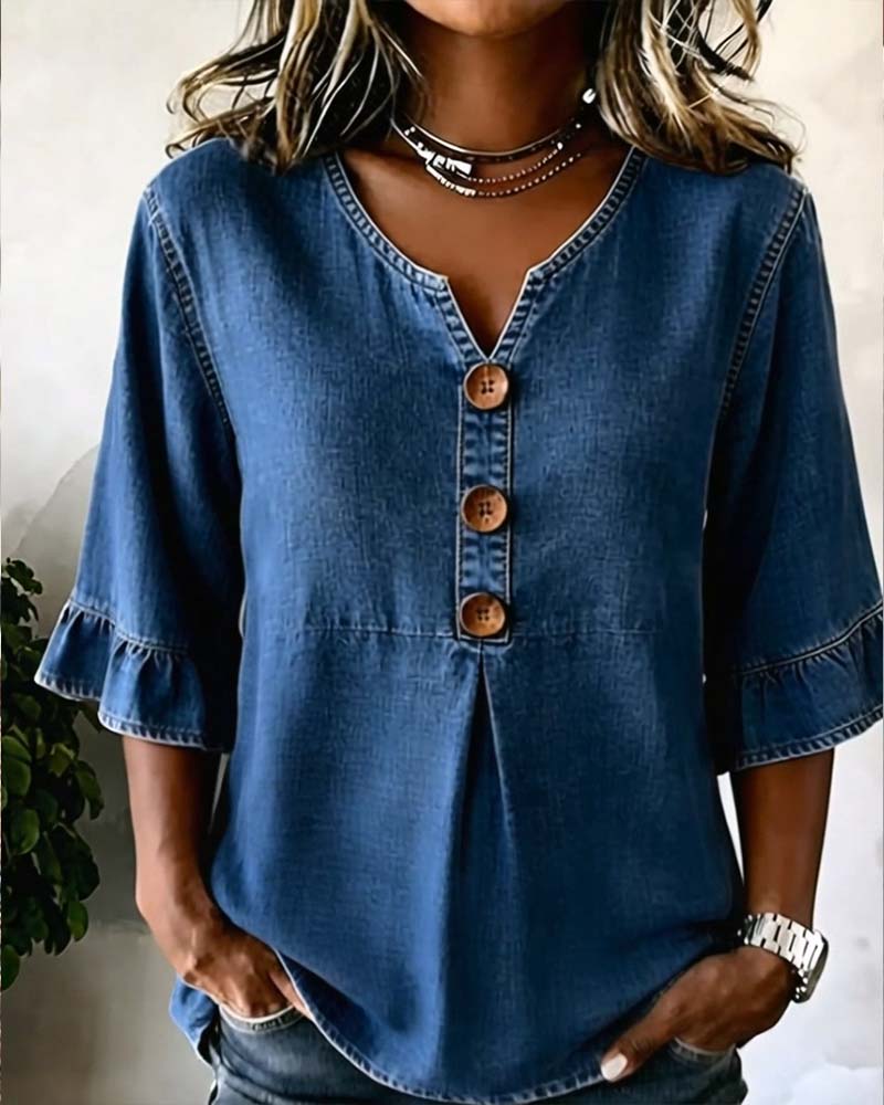 Blouse V-Hals Uitlopende Mouw Denim