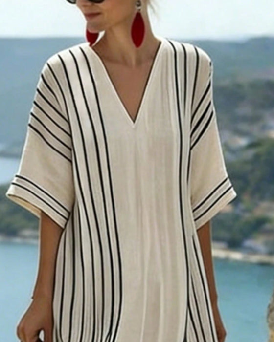 Jurk Off White Zwarte Streep V Hals