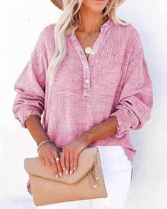 Blouse Geplooid Knoop Lange Mouw