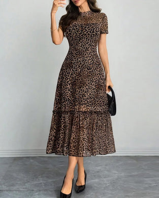 Jurk Luipaard Mock Hals Mesh Midi
