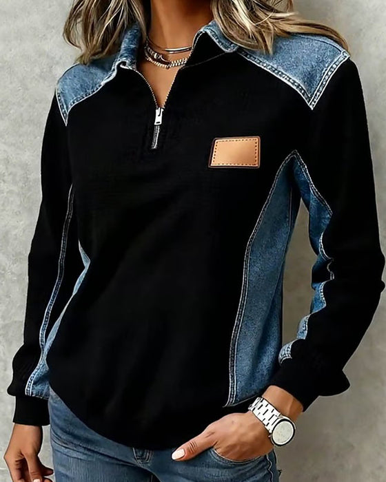 Top Rits Denim Patchwork Knoopsgat