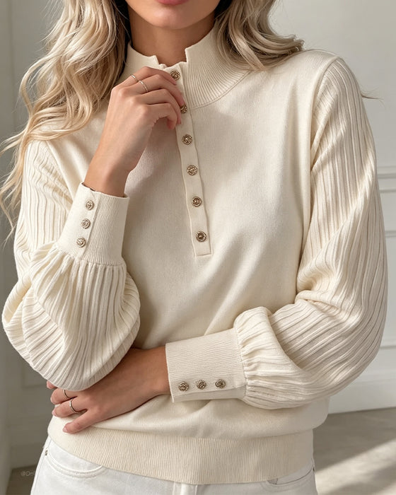 Pullover Turtleneck Knoop Geribd Pofmouw Trui