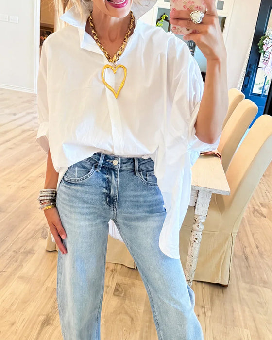 Blouse Losse Pasvorm Vallende Schouder Wit Lange Mouw