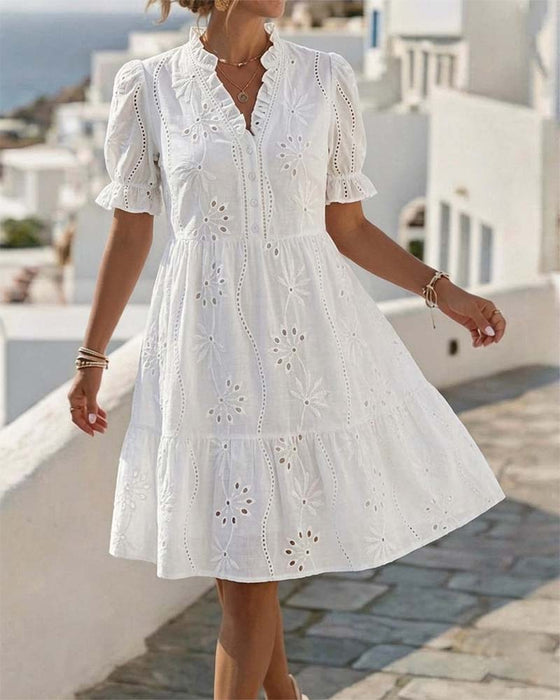 Jurk V-hals Gerimpeld Pofmouw Korte Mouw