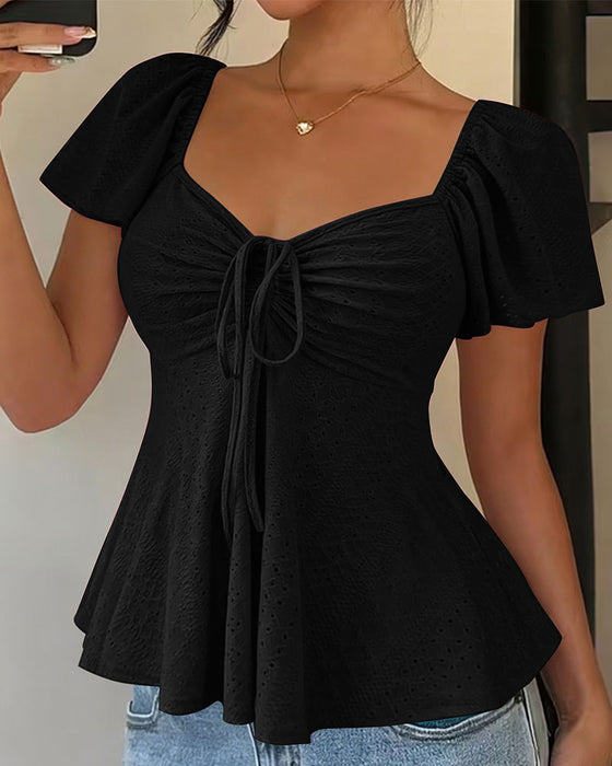 Blouse Doorgebroken Trekkoord Korte Mouw Effen