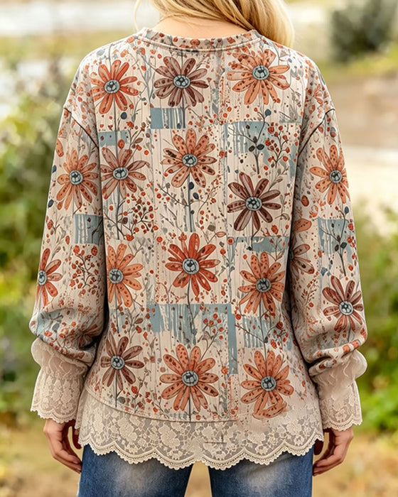 Top Ronde Hals Bloemen Kant Paneel Lange Mouw