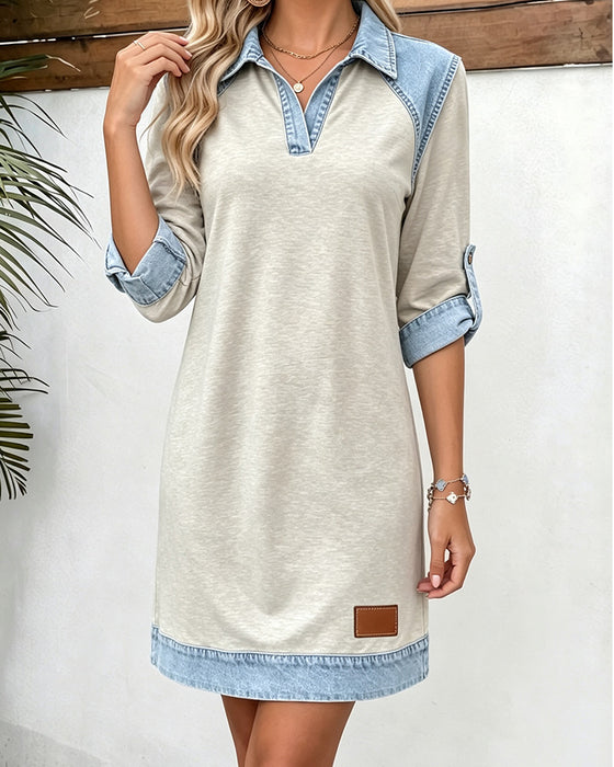 Jurk Denim Patchwork Polo Kraag Lange Mouw