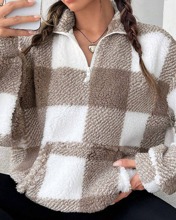 Sweatshirt Half-Zip Staande Kraag Ruitpatroon