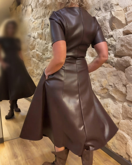 Jurk Pu Leren Getailleerd Korte Mouwen