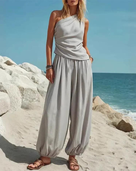 Set Enkel Schouder Tank Top Hoge Taille Broek