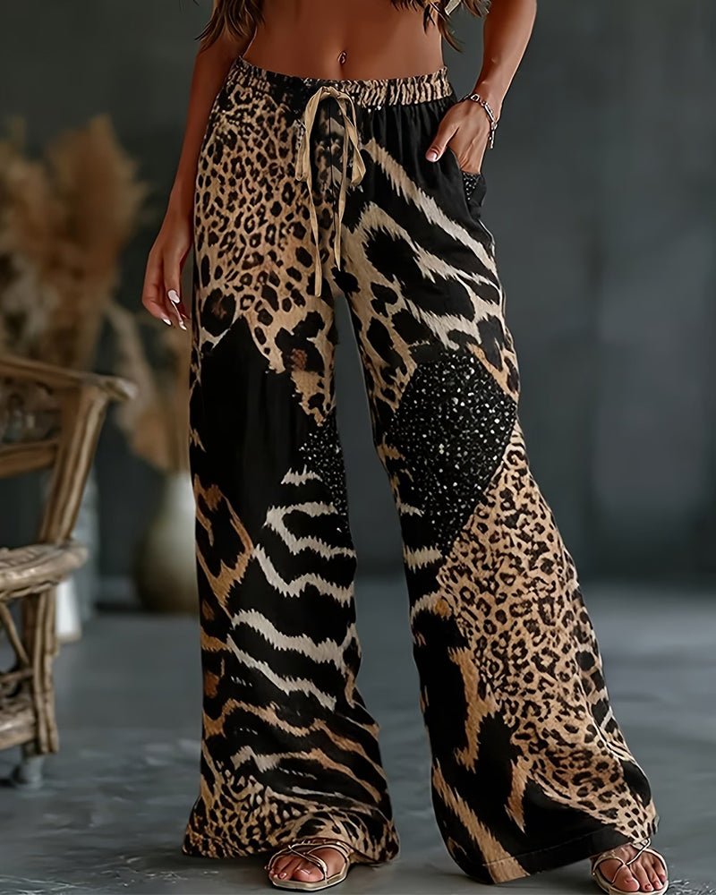 Broek Luipaard Print Patchwork Wijde Pijp Casual