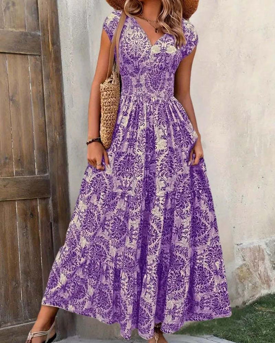 Jurk Retro Print V-Hals Ingesnoerde Taille Lang