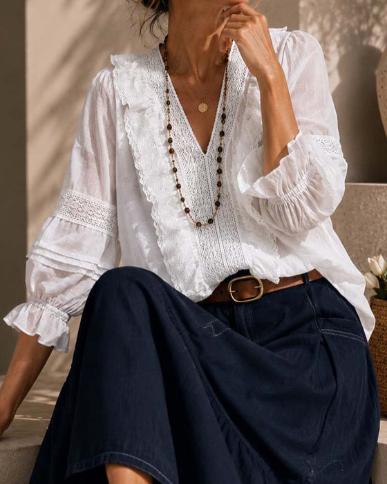 Blouse V-Hals Effen Kleur Kant