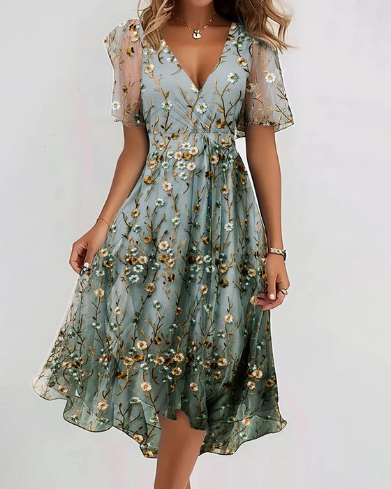 Jurk V-Hals Bloemen Kruis Hoge Taille Sheer