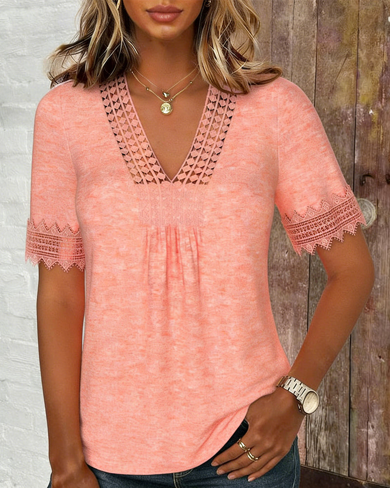 Blouse Kant Patchwork V-Hals Korte Mouw