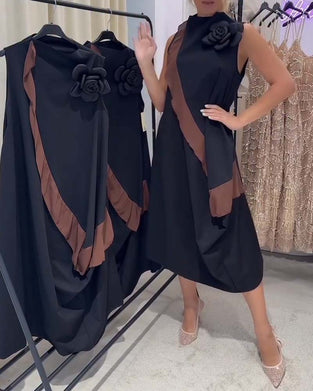 Jurk 3D Bloemblad Volant Kleurcontrast Mouwloos