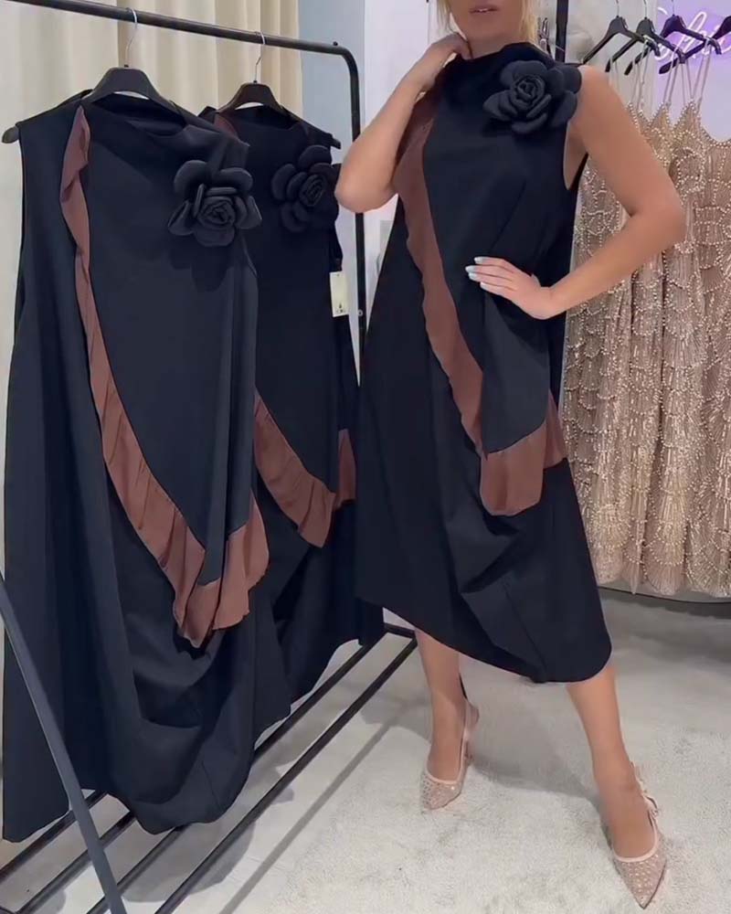 Jurk 3D Bloemblad Volant Kleurcontrast Mouwloos