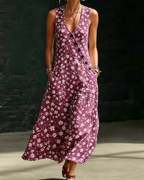 Jurk Kleine Bloemen Asymmetrisch Knoop Mouwloos