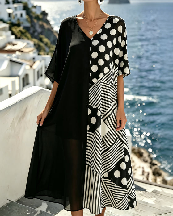 Jurk V-Hals Polka Dot Streep Patchwork