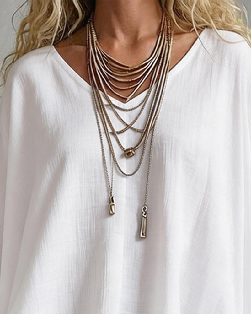 Blouse V-Hals Onregelmatige Vleermuismouw Los