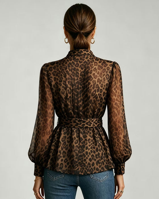 Blouse Luipaard Print Opstaande Kraag Poef Mouw Vetersluiting