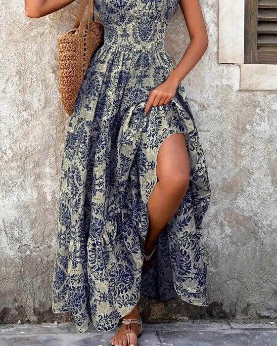 Jurk Retro Print V-Hals Ingesnoerde Taille Lang