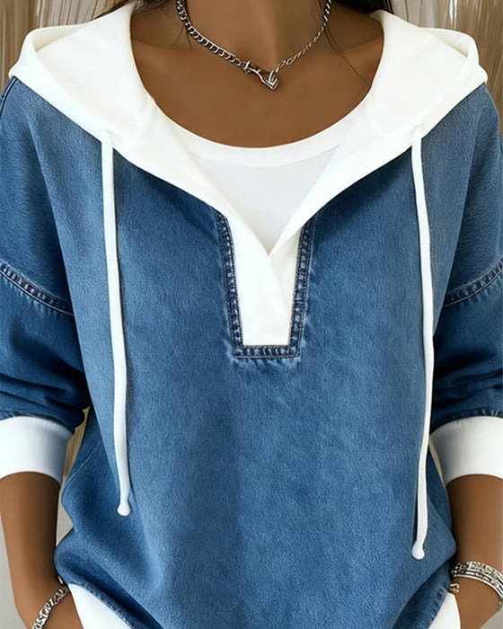 Hoodie Met Vetersluiting En Denim Panelen