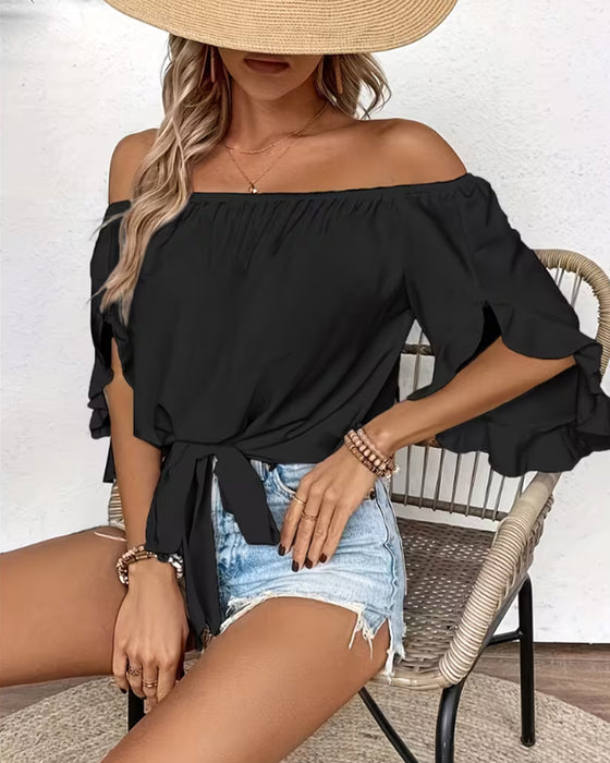 Blouse Off-Shoulder Strik Uitlopende Mouw