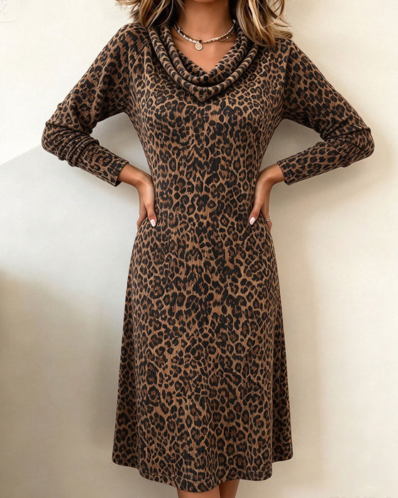 Jurk Slouchy Mock Hals Luipaard Lange Mouw