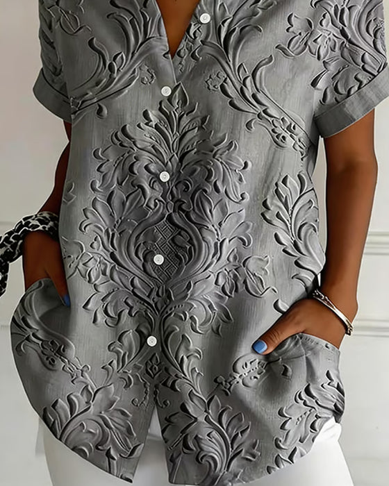 Shirt Knoopsgat Gebosseleerd Korte Mouw