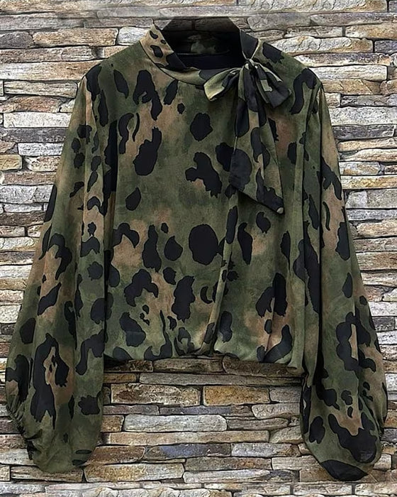 Blouse Camouflage Luipaard Print Sjaal Strik Pofmouw