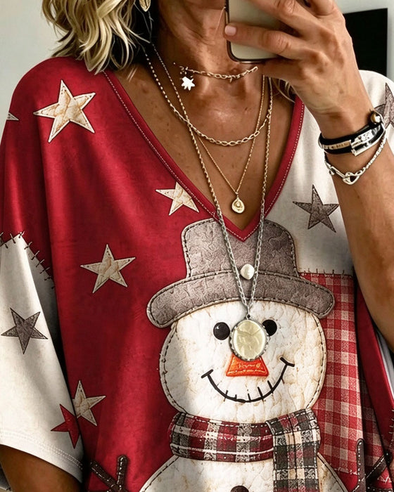 T-Shirt Kerst Sneeuwpop Print V-Hals Halve Mouw