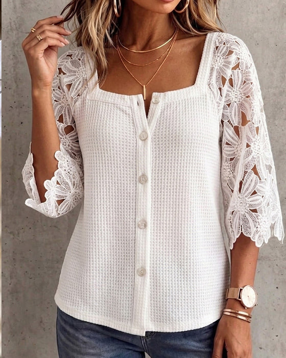 Blouse Kant Paneel Wafelbreisel Knoop-Voor
