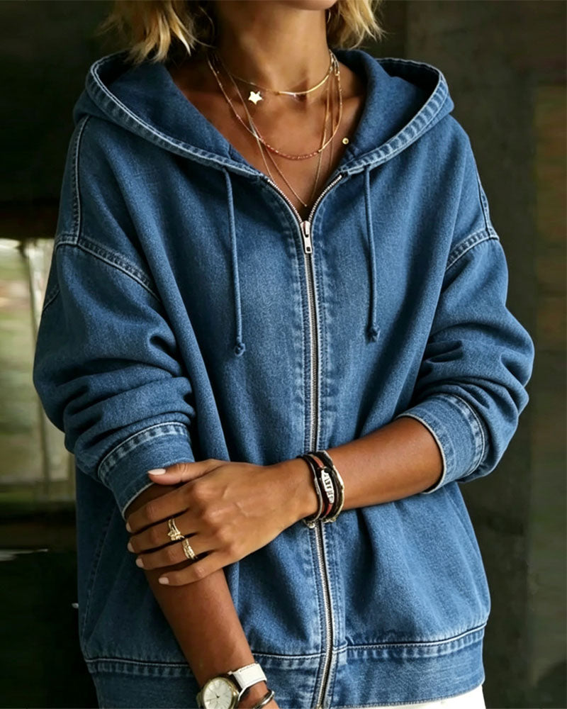 Jas Capuchon Drop-Mouw Rits Denim