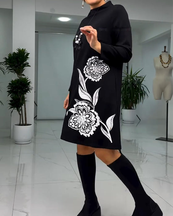 Jurk Pullover Lange Mouw Bloemenprint