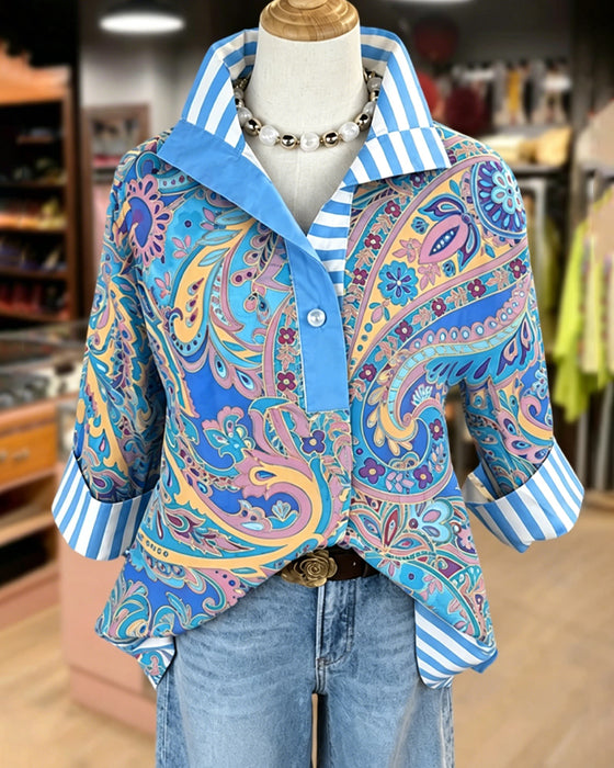 Blouse Patchwork Bloemen Afdruk Casual